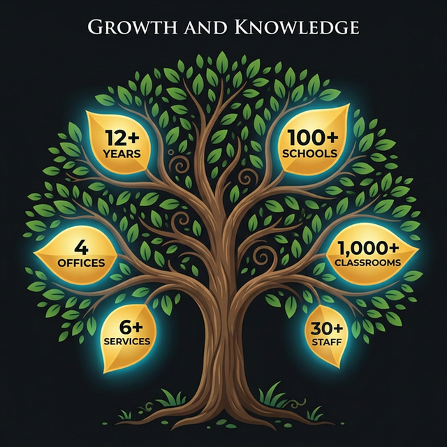 Clasteq growth tree — 12+ years, 100+ schools, 1000+ classrooms